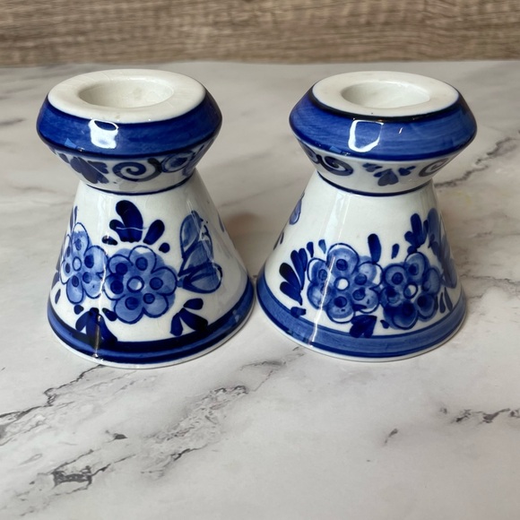 Elesva 455 Deft Holland Hand Painted Blue and White Floral Candle Holders - Picture 3 of 13